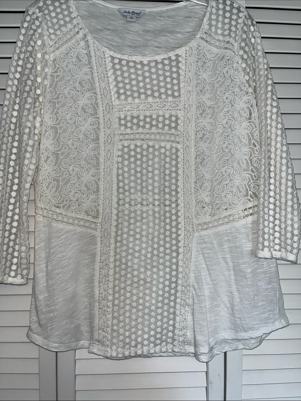Lucky Brand White Lace & Dot Panel Scoop Neck Top